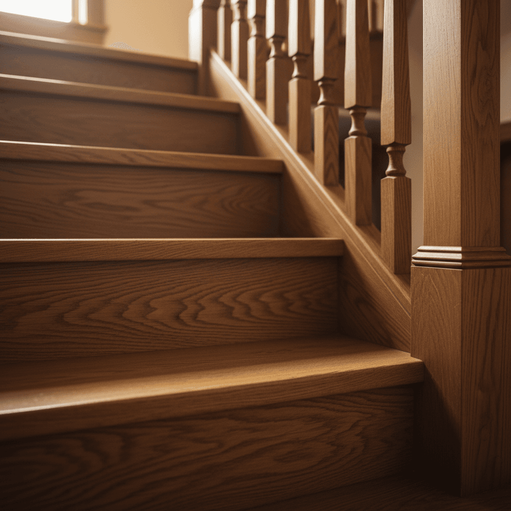 Close-up of wooden oak staircase with detailed handrail